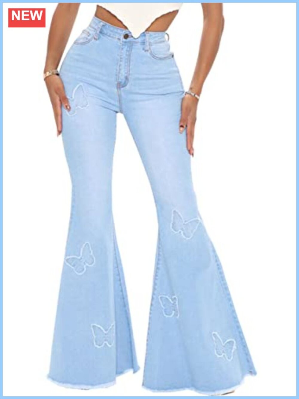 High Waisted Bell Bottom Jeans Embroidered Flare Raw Hem Denim Pants